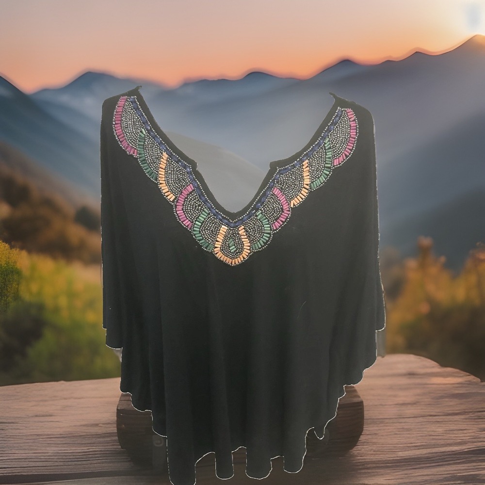 Y2K Forever 21 Black Beaded Poncho Knit Top One Size V Nk Boho Whimsigoth Fairy